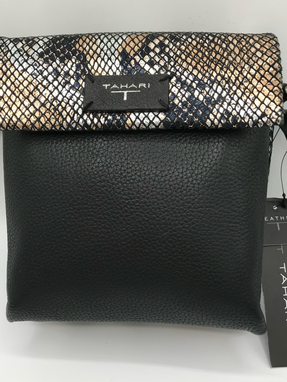 Tahari Black Crossbody with Snake-Print Accent